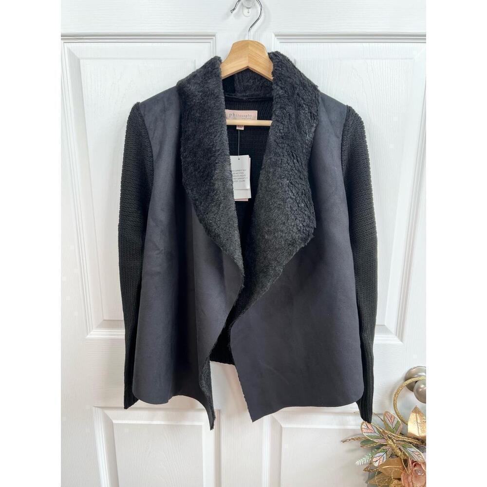 Philosophy Jacket Size XS Black Draped Open Front Faux Fur Collar Knit Chic